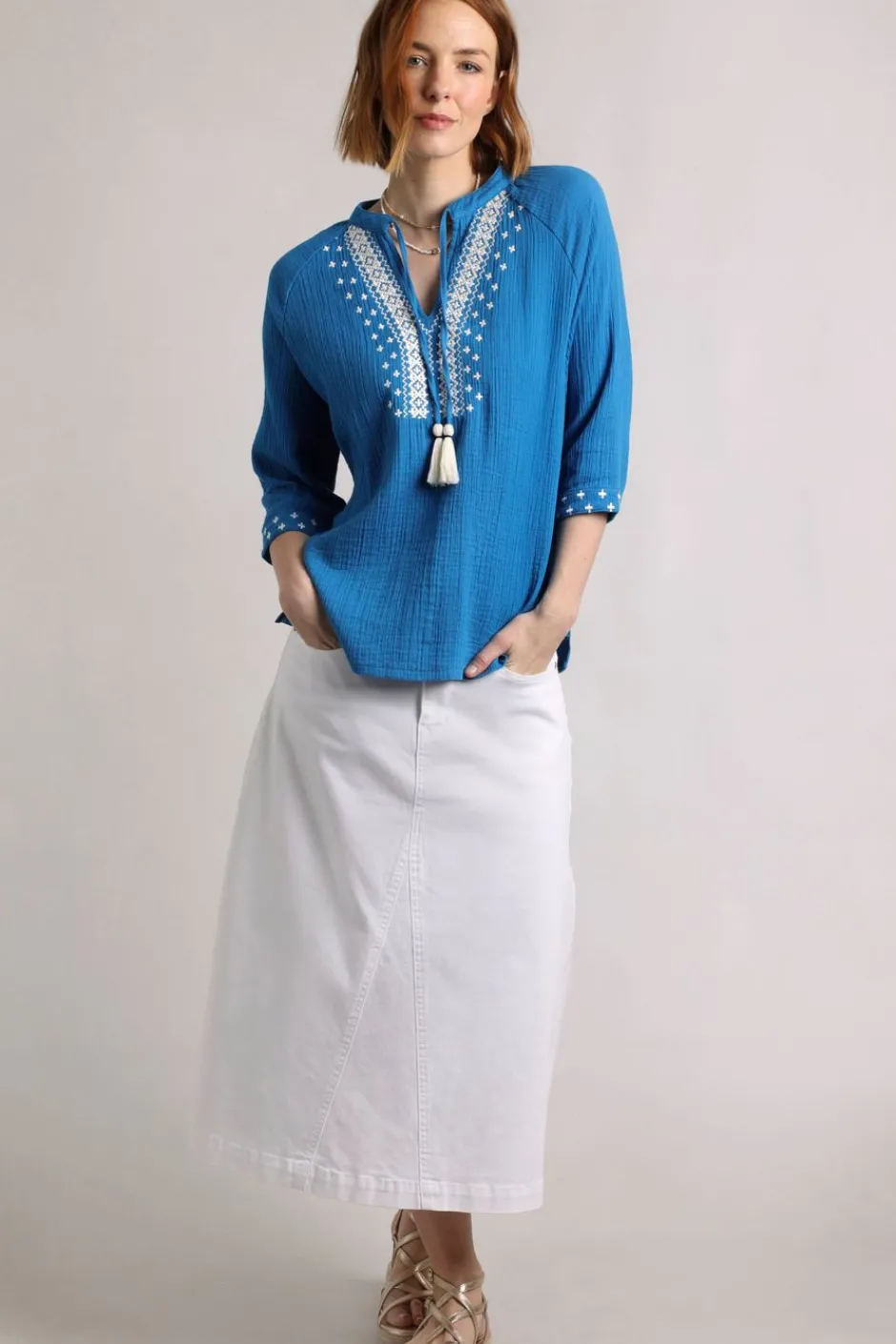 Weird Fish Tunics|Tops & T-Shirts|Adalia Organic Cotton Embroidered Double Cloth Blouse Adriatic Blue