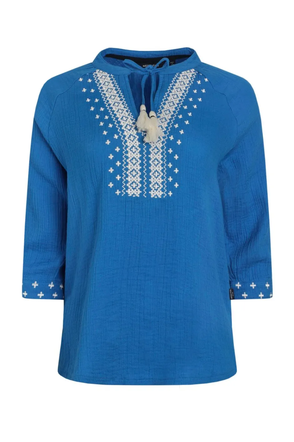 Weird Fish Tunics|Tops & T-Shirts|Adalia Organic Cotton Embroidered Double Cloth Blouse Adriatic Blue