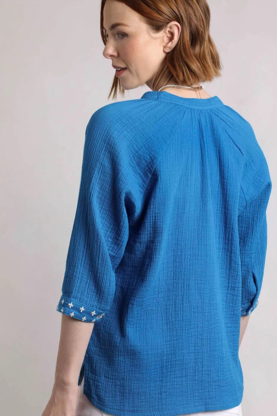 Weird Fish Tunics|Tops & T-Shirts|Adalia Organic Cotton Embroidered Double Cloth Blouse Adriatic Blue