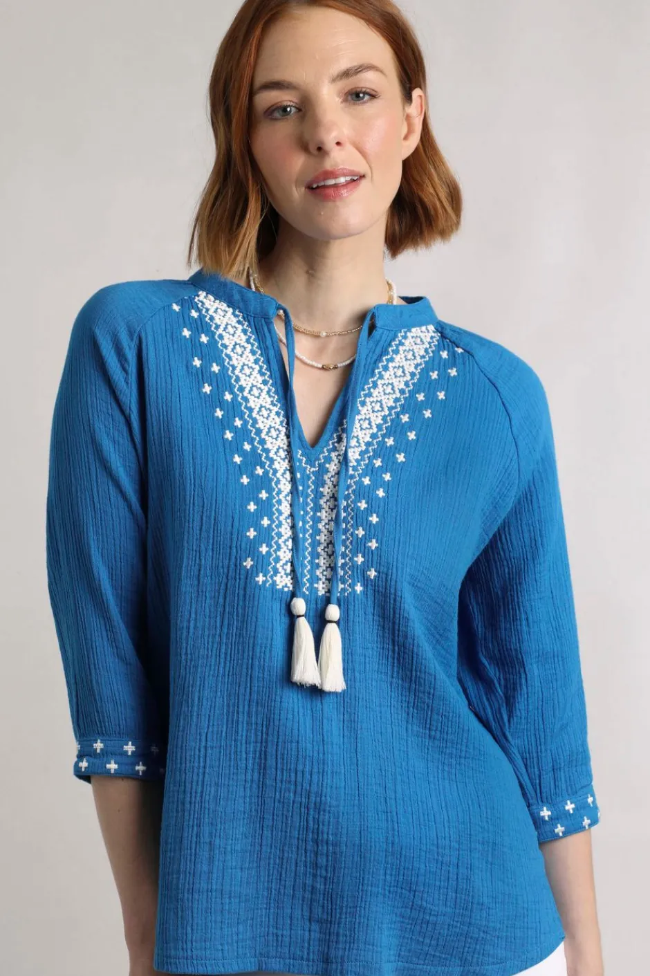 Weird Fish Tunics|Tops & T-Shirts|Adalia Organic Cotton Embroidered Double Cloth Blouse Adriatic Blue