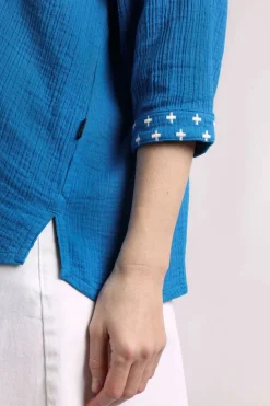 Weird Fish Tunics|Tops & T-Shirts|Adalia Organic Cotton Embroidered Double Cloth Blouse Adriatic Blue