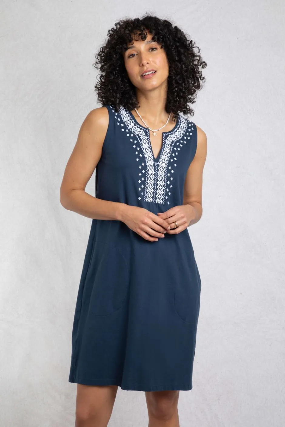 Weird Fish Dresses|Anaya Organic Cotton Embroidered Jersey Shift Dress Navy