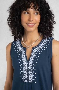 Weird Fish Dresses|Anaya Organic Cotton Embroidered Jersey Shift Dress Navy