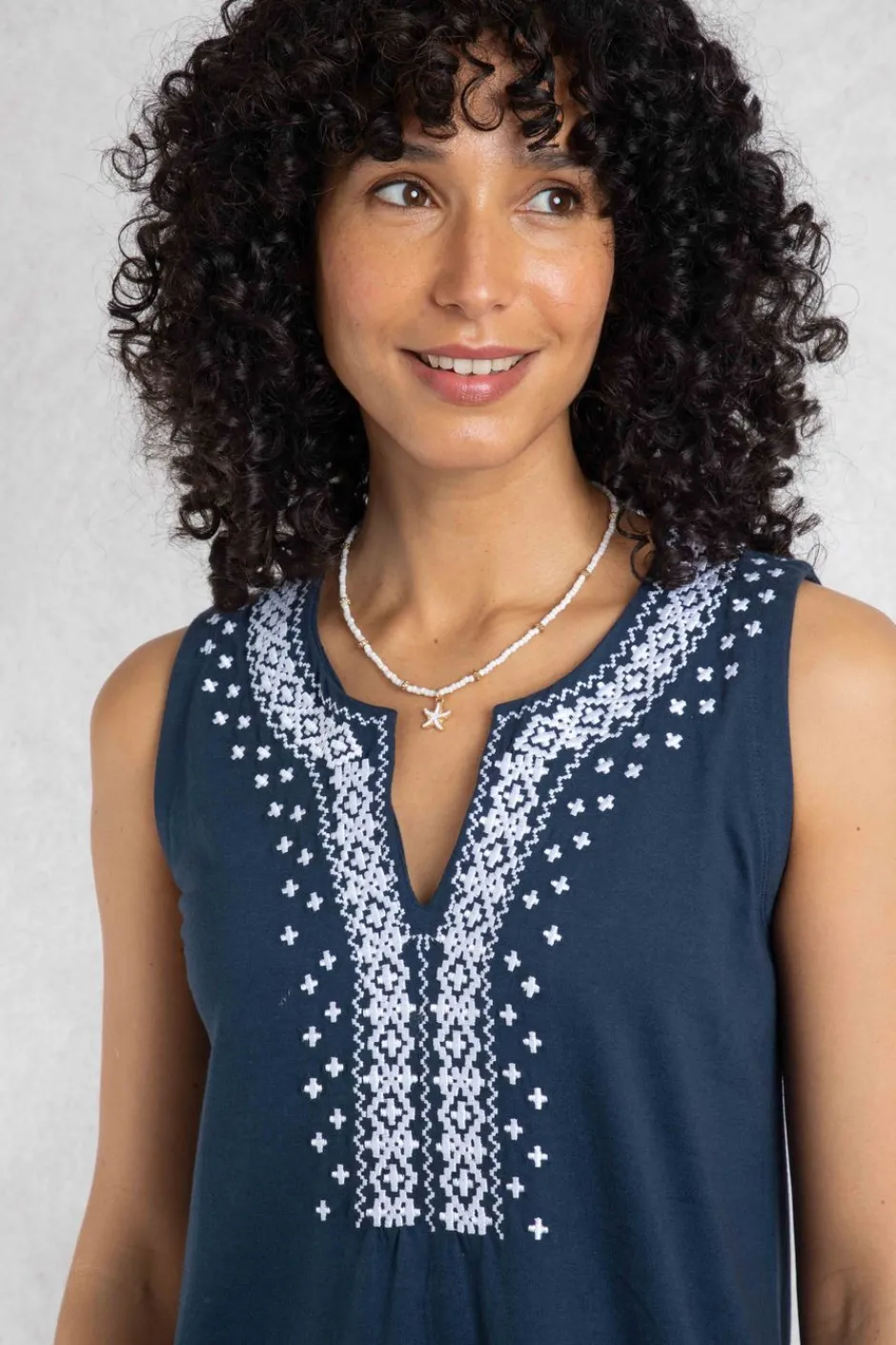 Weird Fish Dresses|Anaya Organic Cotton Embroidered Jersey Shift Dress Navy