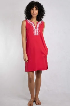 Weird Fish Dresses|Anaya Organic Cotton Embroidered Jersey Shift Dress Crimson