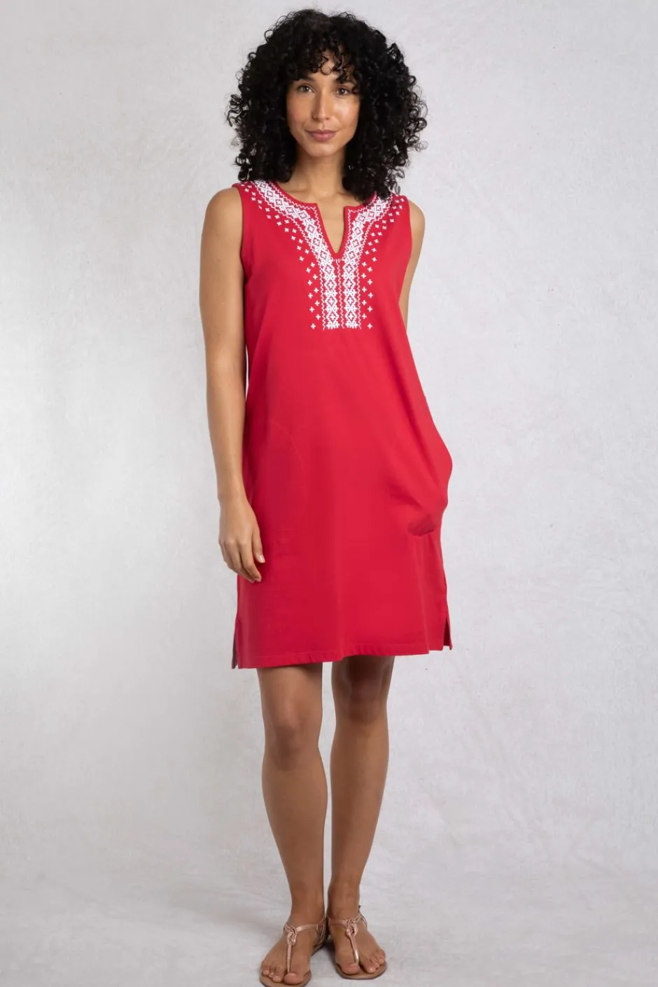 Weird Fish Dresses|Anaya Organic Cotton Embroidered Jersey Shift Dress Crimson