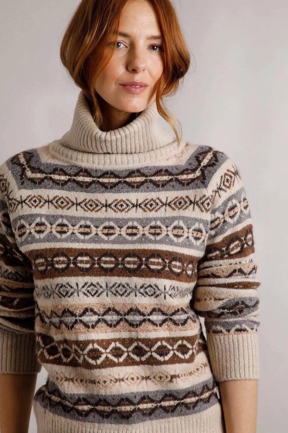 Weird Fish Jumpers & Cardigans|Knitwear|Annecy Eco Fair Isle Roll Neck Jumper Ecru