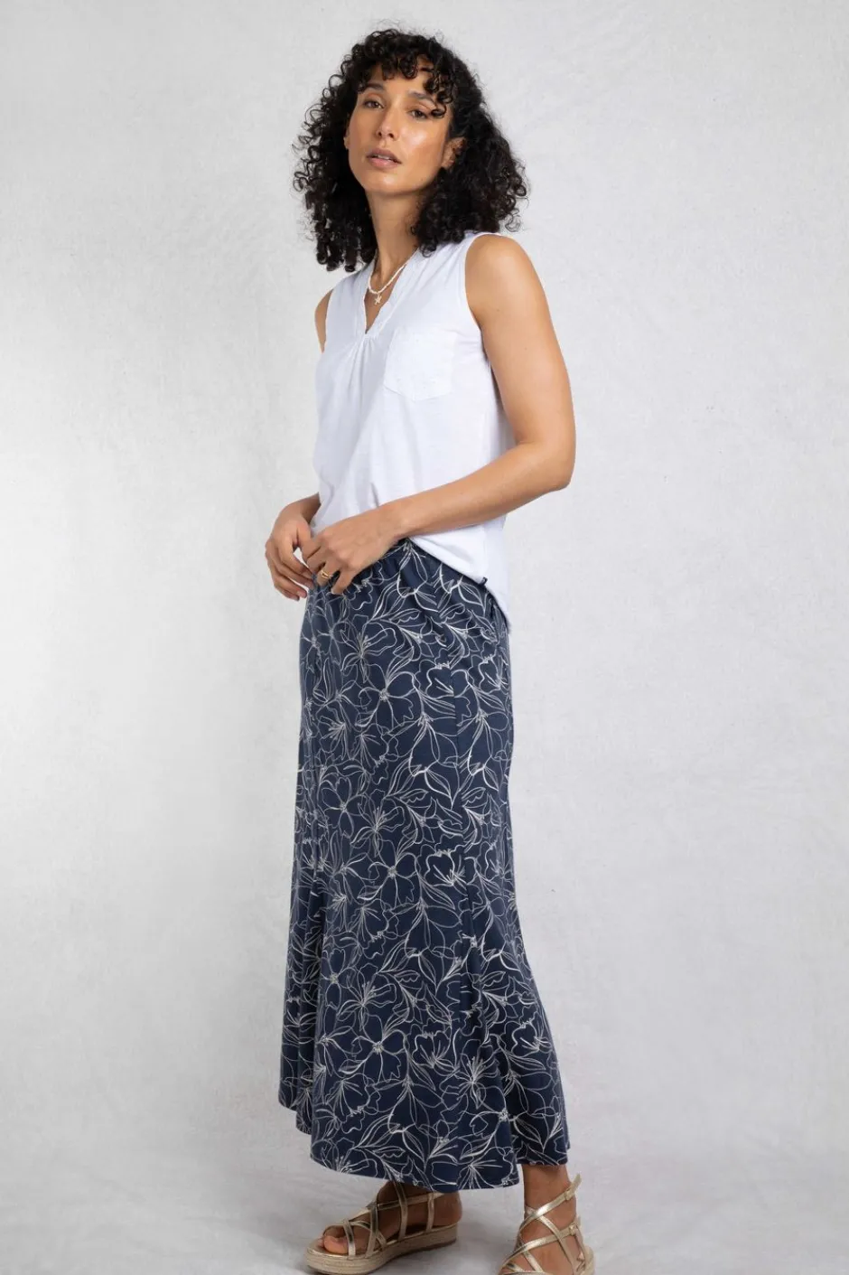 Weird Fish Skirts|Ares Printed Jersey A-Line Maxi Skirt Dark Navy