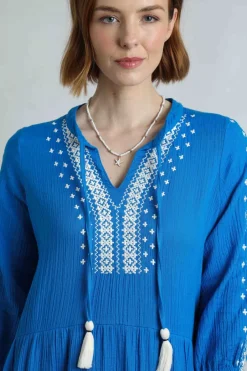 Weird Fish Dresses|Arles Organic Cotton Embroidered Double Cloth Dress Adriatic Blue