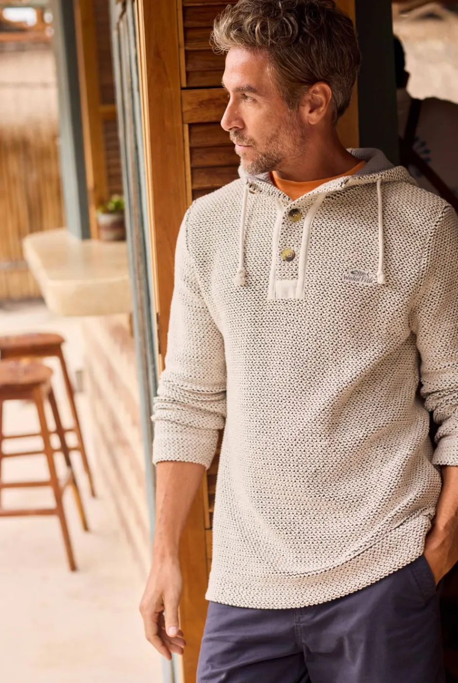 Weird Fish Sweatshirts & Hoodies|Bakersfield Button Neck Eco Macaroni Hoodie Ecru