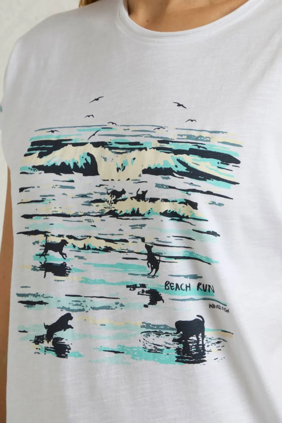 Weird Fish Tunics|Tops & T-Shirts|Beach Run Organic Cotton Front Print Graphic T-Shirt White
