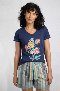 Weird Fish Tunics|Tops & T-Shirts|Botanic Organic Cotton V Neck Front Print T-Shirt Dark Blue
