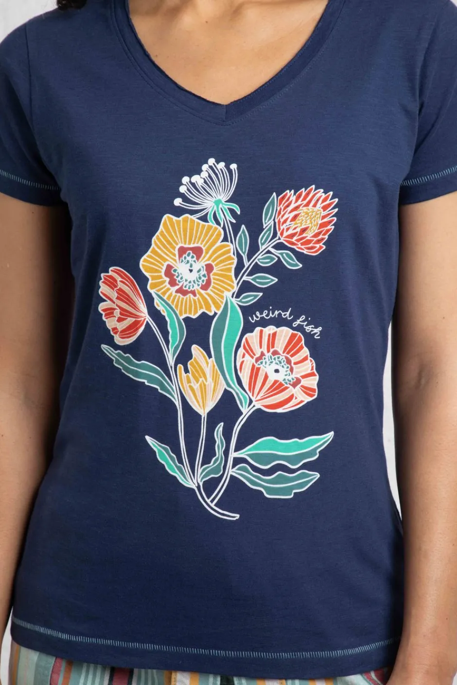 Weird Fish Tunics|Tops & T-Shirts|Botanic Organic Cotton V Neck Front Print T-Shirt Dark Blue