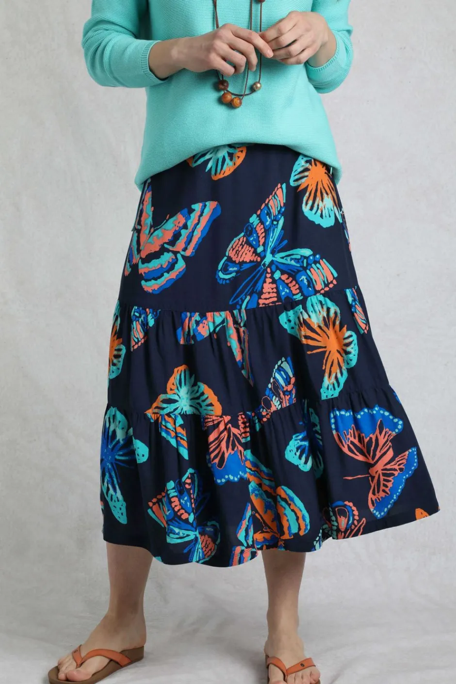 Weird Fish Skirts|Cassis Lenzing EcoVero™ Printed Viscose Tiered Skirt Dark Blue
