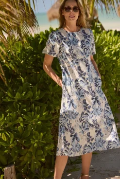 Weird Fish Linen|Linen|Delanie Linen Rich Printed Tea Dress Estate blue