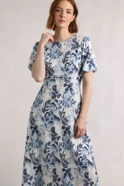 Weird Fish Linen|Linen|Delanie Linen Rich Printed Tea Dress Estate blue