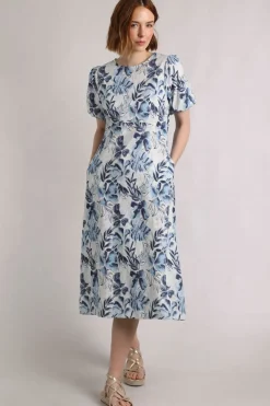 Weird Fish Linen|Linen|Delanie Linen Rich Printed Tea Dress Estate blue