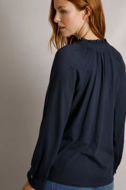 Weird Fish Shirts|Tunics|Donna Frilly Edge Cotton Dobby Shirt Navy