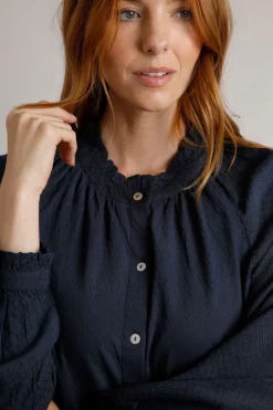 Weird Fish Shirts|Tunics|Donna Frilly Edge Cotton Dobby Shirt Navy