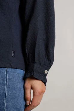 Weird Fish Shirts|Tunics|Donna Frilly Edge Cotton Dobby Shirt Navy