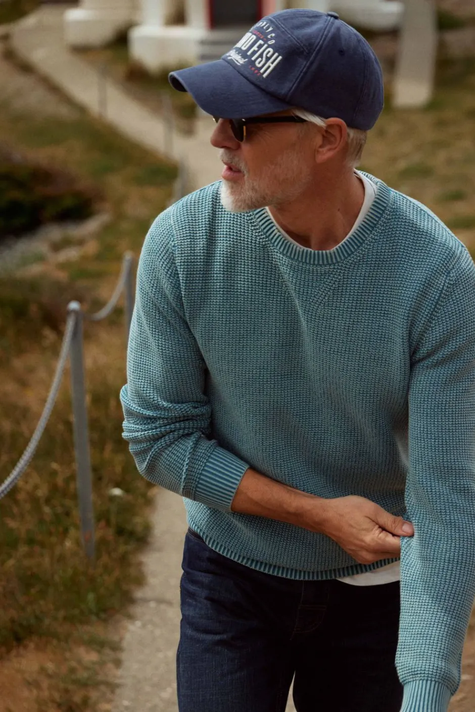 Weird Fish Jumpers & Knitwear|Easton Waffle Crew Neck Jumper Ensign Blue