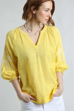 Weird Fish Tunics|Tops & T-Shirts|Emma Embroidered Sleeve Blouse Sunshine Yellow