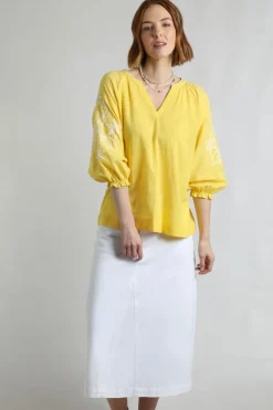 Weird Fish Tunics|Tops & T-Shirts|Emma Embroidered Sleeve Blouse Sunshine Yellow