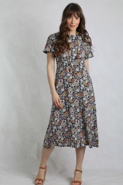 Weird Fish Dresses|Everly LivaEco™ Printed Viscose Dress Navy