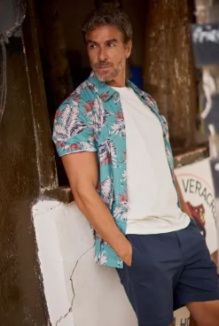 Weird Fish Shirts|Faraway Organic Cotton Printed Shirt Mineral Blue