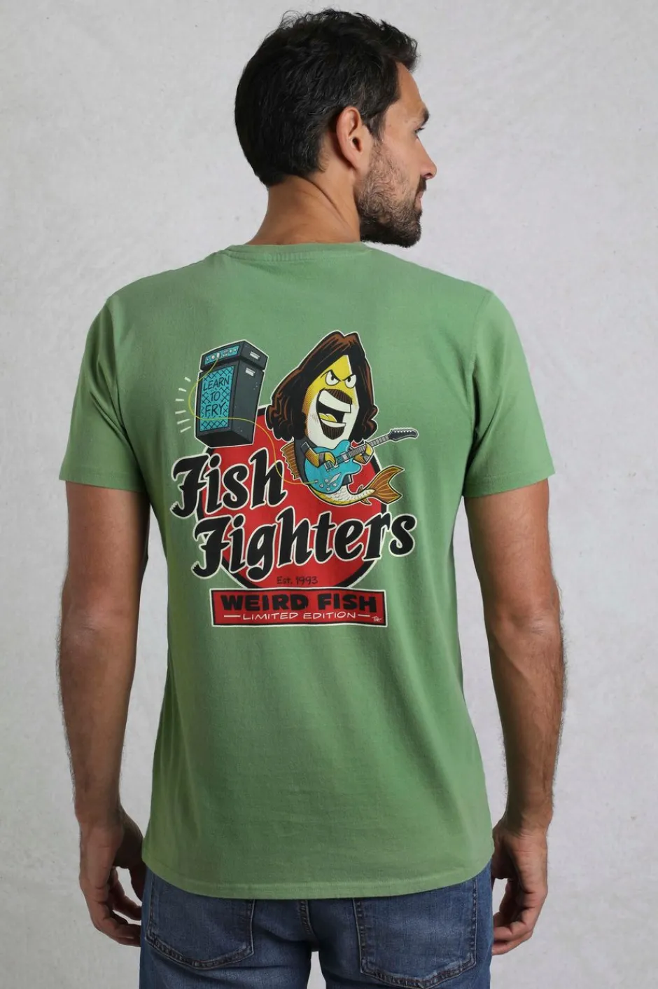 Weird Fish T-Shirts|Fish Fighters Back Print Artist T-Shirt Artichoke Green