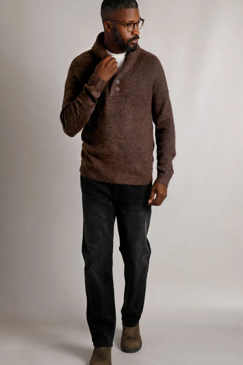 Weird Fish Jumpers & Knitwear|Graham Eco Shawl Collar Jumper Chocolate