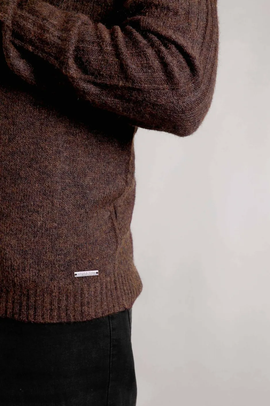 Weird Fish Jumpers & Knitwear|Graham Eco Shawl Collar Jumper Chocolate