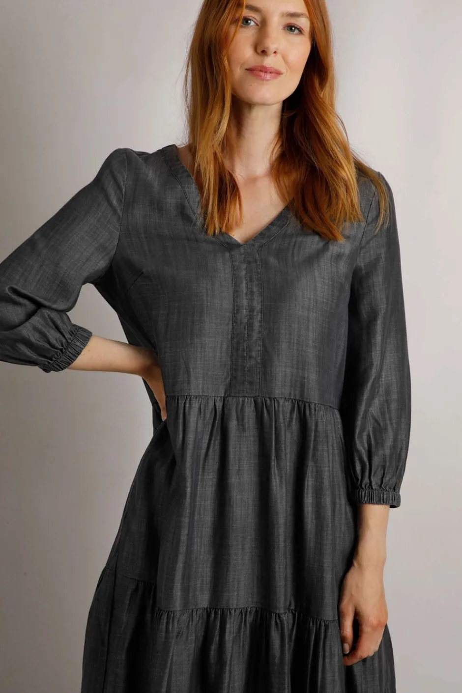 Weird Fish Dresses|Hannah Tiered Tencel™ Dress Charcoal