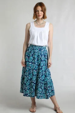 Weird Fish Skirts|Harini Organic Cotton Double Cloth Printed Midi Skirt Aqua Marine