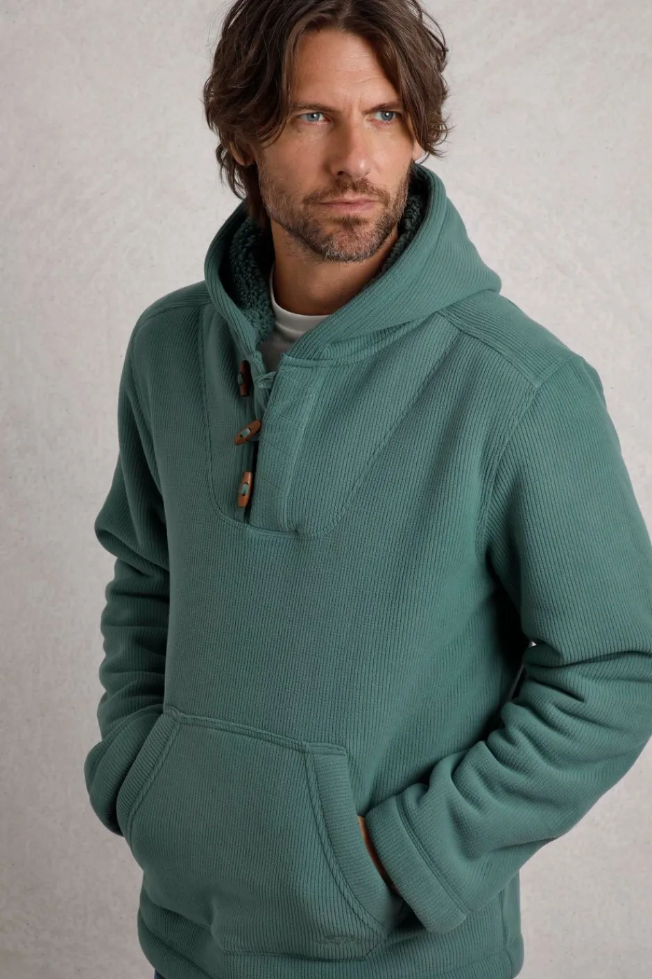 Weird Fish Sweatshirts & Hoodies|Inglewood Button Neck Grid Fleece Hoodie Ivy