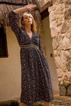 Weird Fish Dresses|Kerina Organic Cotton Printed Midi Dress Ink