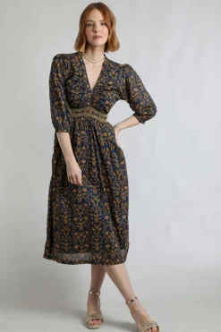 Weird Fish Dresses|Kerina Organic Cotton Printed Midi Dress Ink