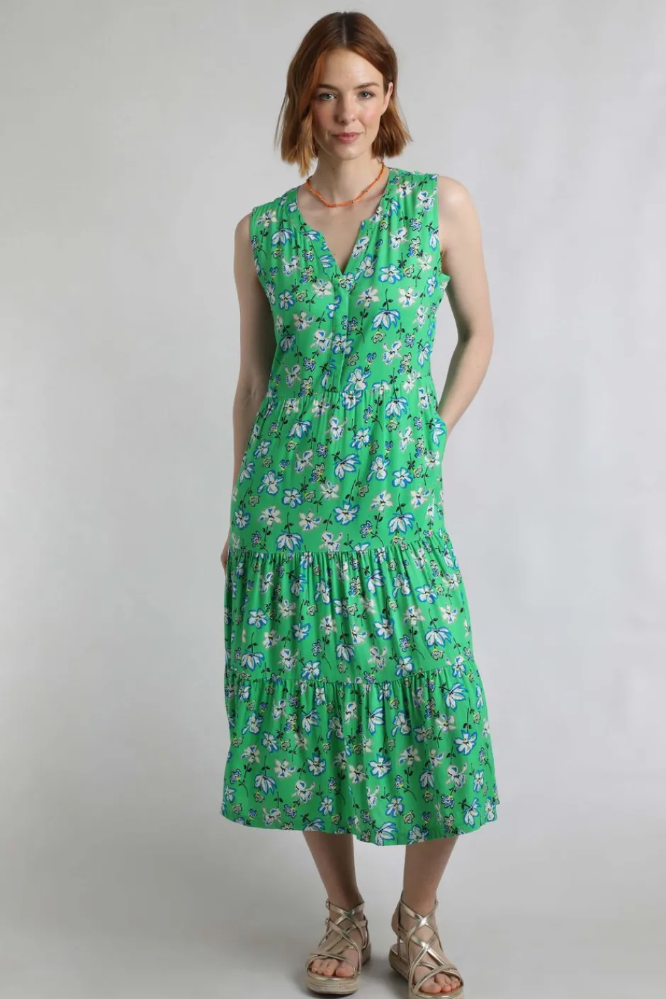 Weird Fish Dresses|Mala Lenzing EcoVero™ Printed Sleeveless Dress Grass Green