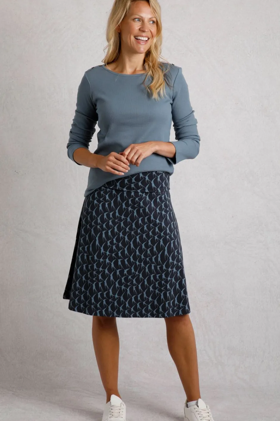 Weird Fish Skirts|Malmo Bird Print Jersey Stretch Skirt Dark Navy