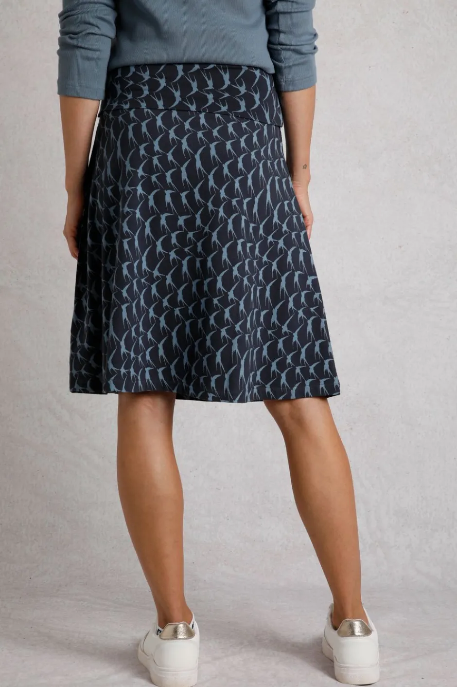 Weird Fish Skirts|Malmo Bird Print Jersey Stretch Skirt Dark Navy