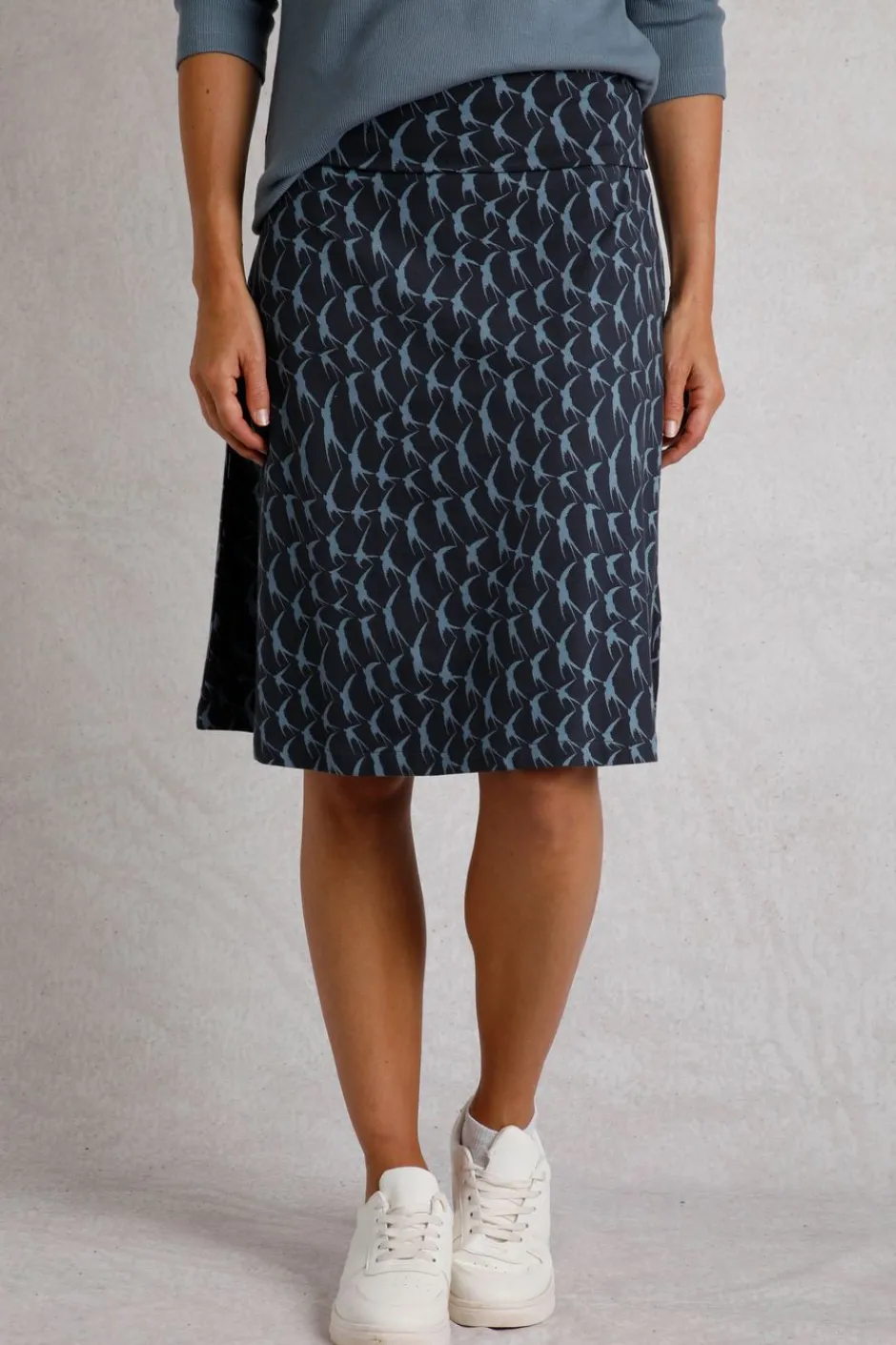 Weird Fish Skirts|Malmo Bird Print Jersey Stretch Skirt Dark Navy
