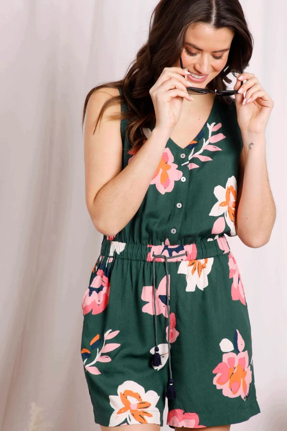 Weird Fish Dresses|Mare Eco Viscose Printed Playsuit Dusky Green