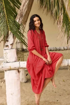 Weird Fish Dresses|Margo Seersucker Tiered Midi Dress Crimson