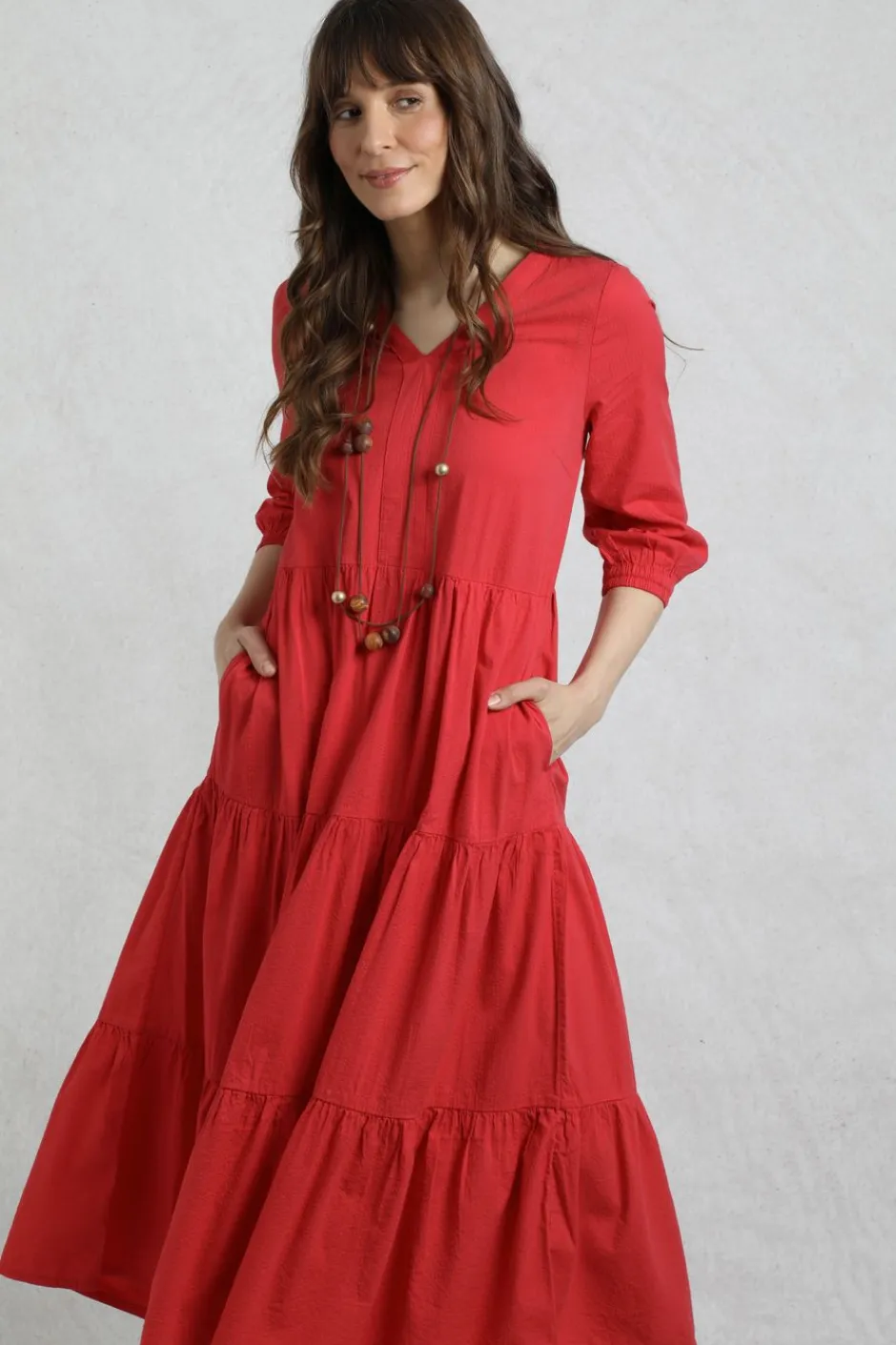 Weird Fish Dresses|Margo Seersucker Tiered Midi Dress Crimson