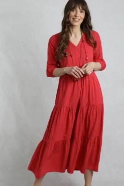 Weird Fish Dresses|Margo Seersucker Tiered Midi Dress Crimson