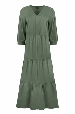 Weird Fish Dresses|Margo Seersucker Tiered Midi Dress Army Green