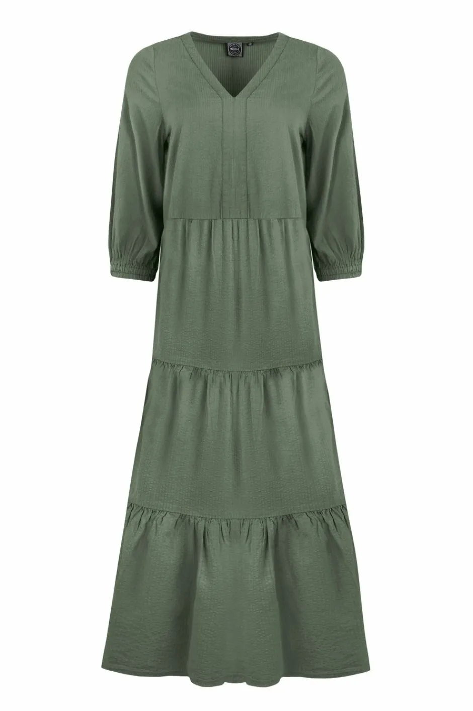 Weird Fish Dresses|Margo Seersucker Tiered Midi Dress Army Green