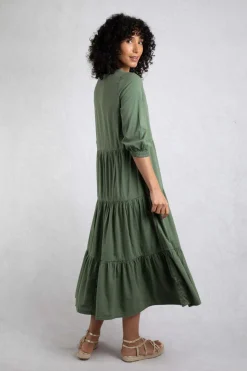 Weird Fish Dresses|Margo Seersucker Tiered Midi Dress Army Green