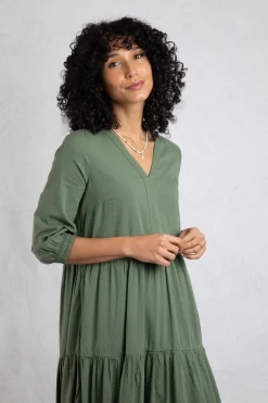 Weird Fish Dresses|Margo Seersucker Tiered Midi Dress Army Green