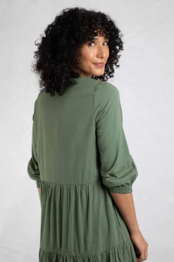 Weird Fish Dresses|Margo Seersucker Tiered Midi Dress Army Green